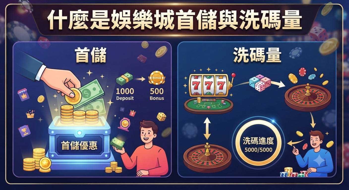 這張圖片的主題是「什麼是娛樂城首儲與洗碼量」。 畫面分為兩側,分別以圖解方式說明首儲優惠的概念以及洗碼量的計算與進度。