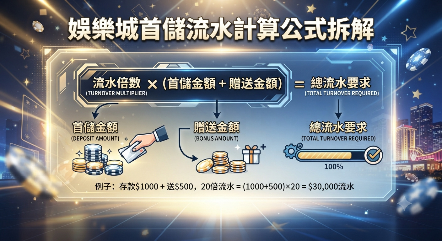 這張圖片展示了「娛樂城首儲流水計算公式拆解」的主題,並以清晰的圖解說明了首儲金額、贈送金額與總流水要求之間的計算方式。 畫面融合了科技與博弈元素的視覺風格,呈現出簡潔且易於理解的公式結構與實際範例。